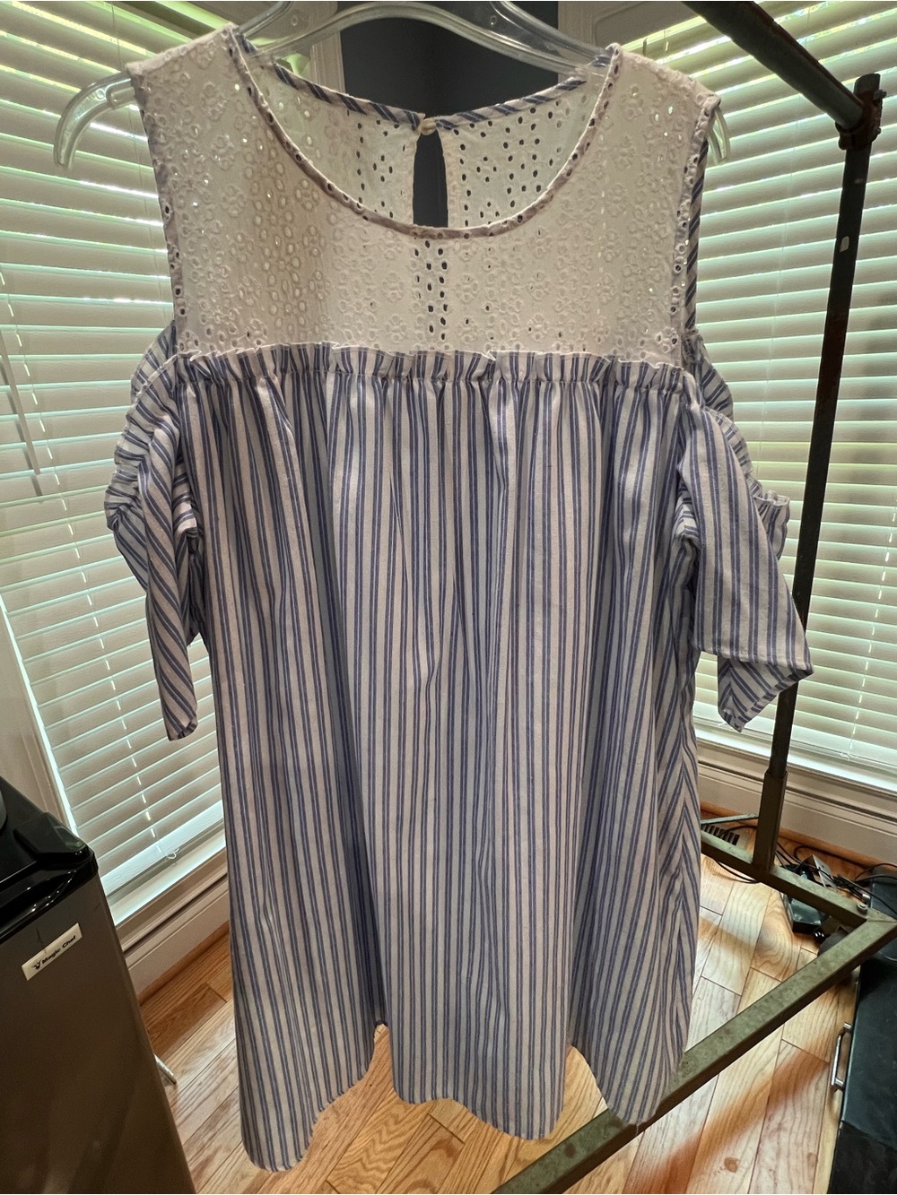 ANDREE BY UNIT Blue & White Striped Cold-Shoulder Dress with Eyelet Yoke